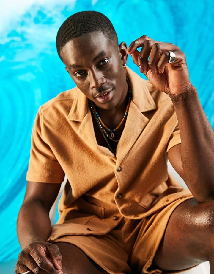 Asos Design Relaxed Fit Terry Shirt With Deep Revere Collar In Tan - Part Of A Set-brown