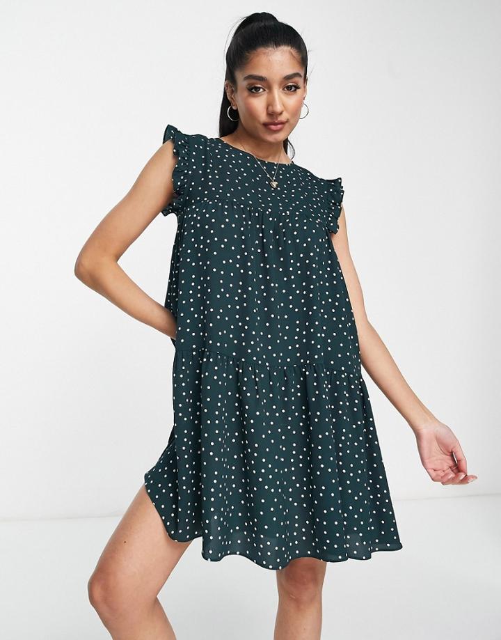 Asos Design Frill Sleeve Mini Dress In Green Spot Print-multi