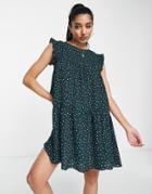 Asos Design Frill Sleeve Mini Dress In Green Spot Print-multi