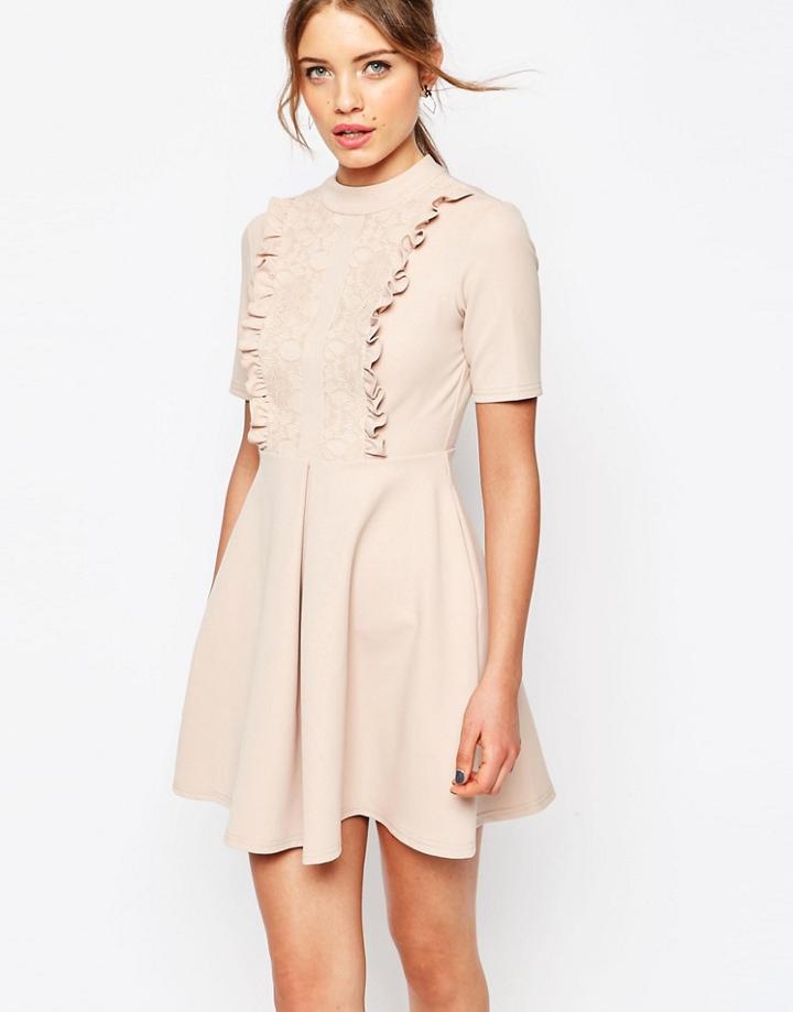 Asos Lace Panel Frill Neck Mini Dress - Nude