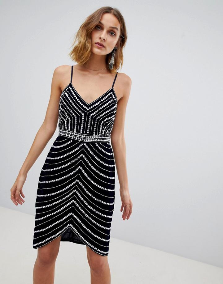 Lace & Beads Velvet Mini Dress With Embellishment In Midnight Navy