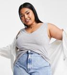 Asos Design Curve Relaxed Fine Knit Tank Top With V Front And Back In Green Heather-gray