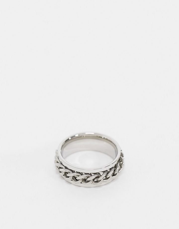 Asos Design Stainless Steel Band Ring With Moving Chain In Silver Tone
