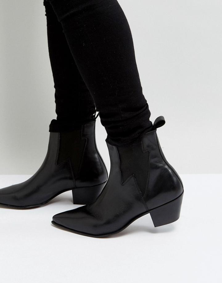 Asos Stacked Heel Boots In Black Leather With Lightening Detail - Black