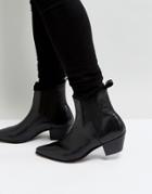 Asos Stacked Heel Boots In Black Leather With Lightening Detail - Black