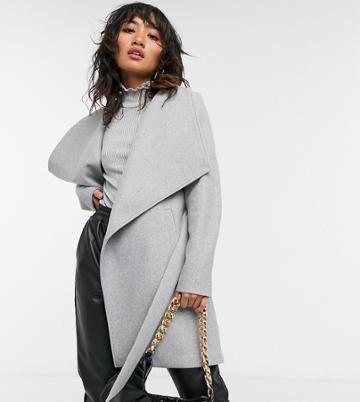 Vila Petite Wrap Coat With Tie Waist In Gray-grey