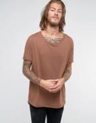 Asos Longline T-shirt With Stretch Neck In Brown - Brown