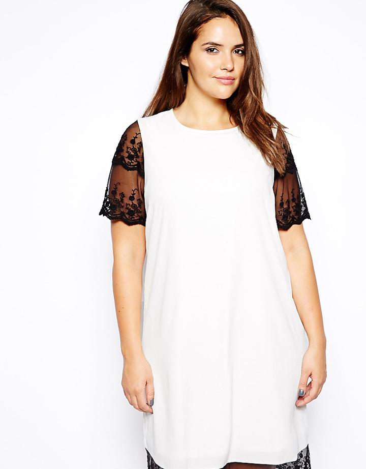Asos Curve Shift Dress With Lace Hem - Black