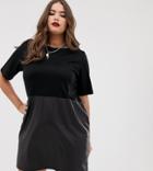 Asos Design Curve Faux Leather Mix Shift Dress-black