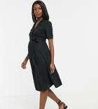 Asos Design Maternity Midi Belted Shirt Dress In Slub - Green