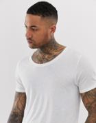 Asos Design Longline T-shirt With Scoop Neck And Curved Hem In Linen Mix - White