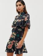 Liquorish Satin Floral Mini Dress With High Neck And Ruffle Detail - Multi