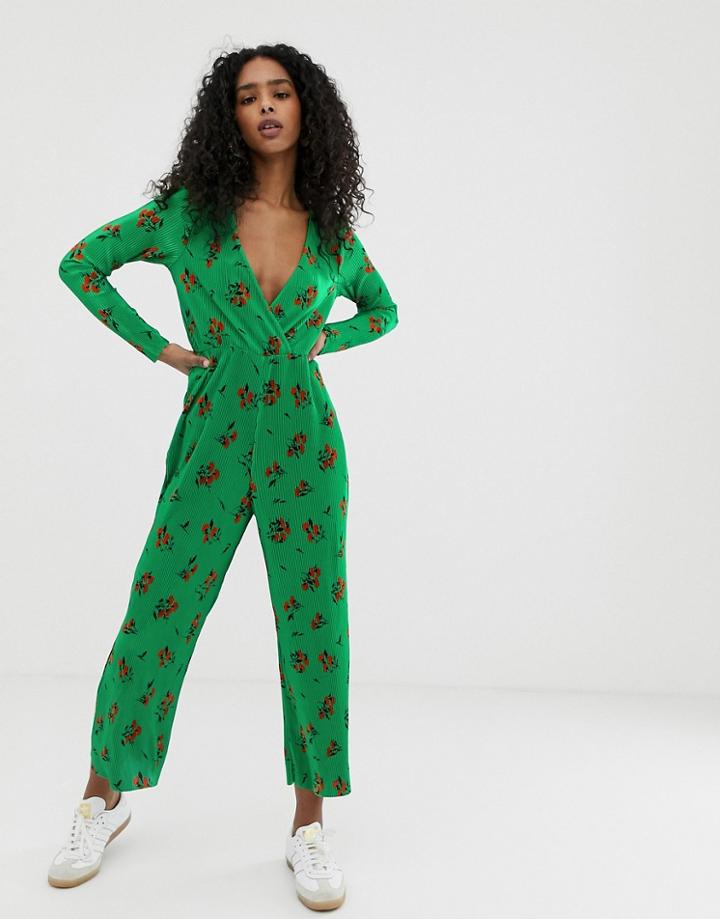 Asos Design Wrap Jumpsuit In Plisse And Floral Print-multi