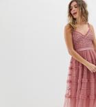 Needle & Thread Cami Strap Embroidered Midi Dress In Rouge-pink