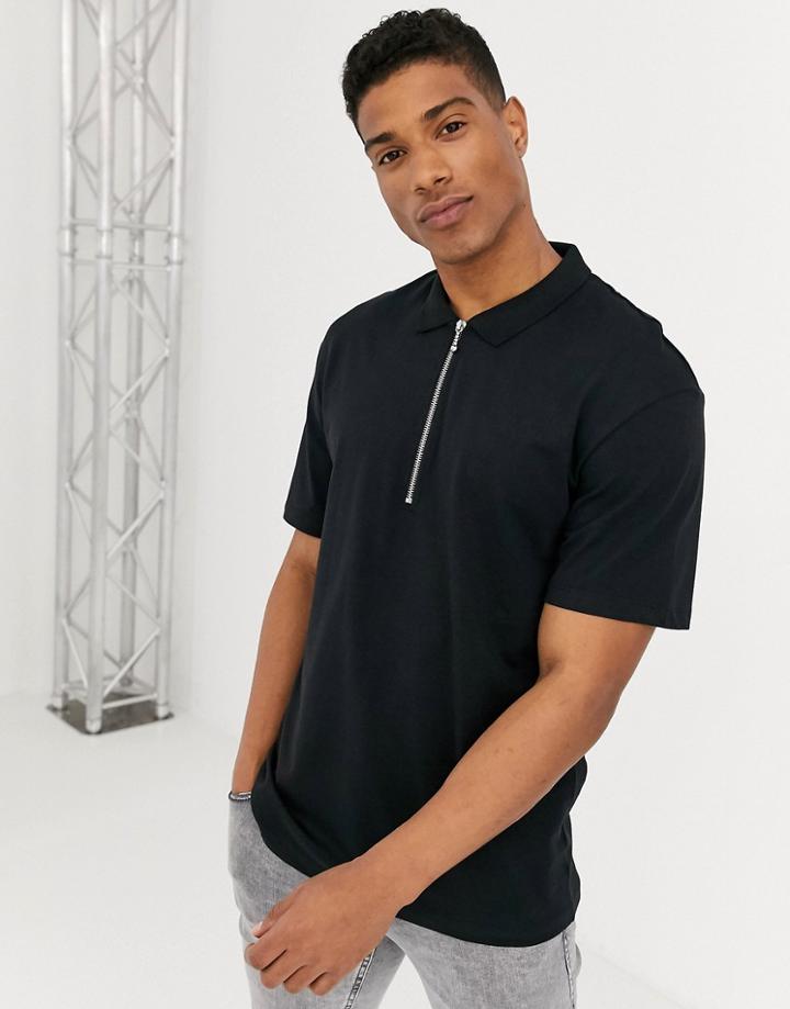 Jack & Jones Premium Relaxed Fit Zip Neck Polo In Black