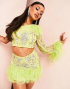 Asos Luxe One Sleeve Gem Stone Embellished Top In Lime - Part Of A Set-green