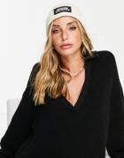 Asos Weekend Collective Turn Up Rib Beanie With Logo In Beige-neutral