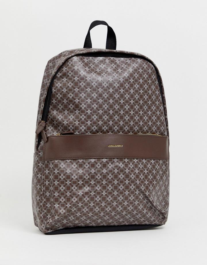 Asos Design Faux Leather Backpack In Brown Geo Print