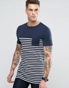 Asos Longline Muscle T-shirt With Navy And White Stripe And Contrast P