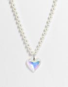 Asos Design Necklace With Faux Pearl And Plastic Puff Heart Pendant-multi