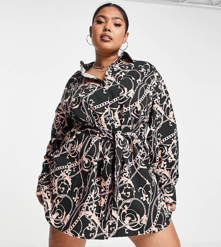 Asos Design Curve Belted Twill Mini Swing Shirt Dress In Chain Print-multi