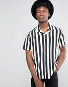 Asos Viscose Shirt With Revere Collar In Monochrome Stripe - White