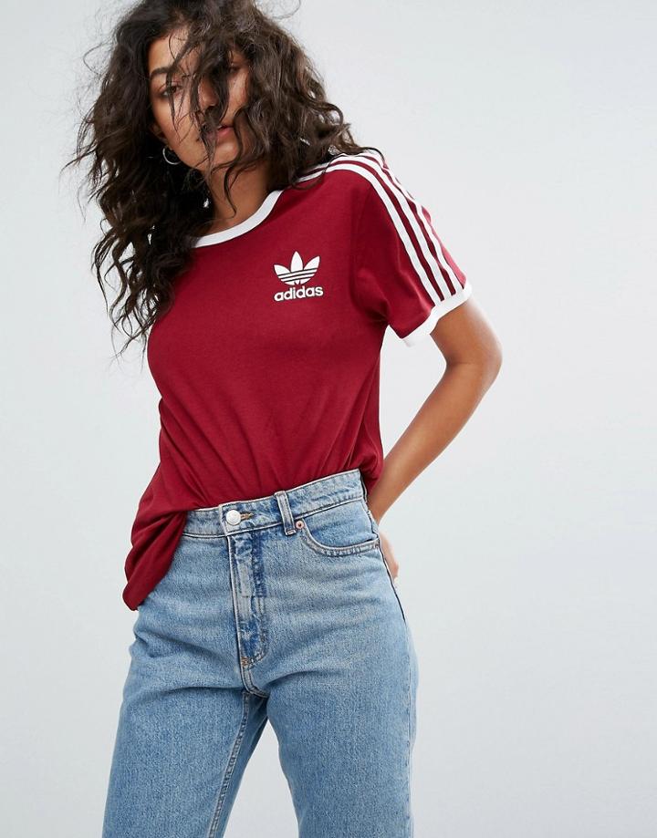 Adidas Originals Three Stripe Tee In Burgundy - Red