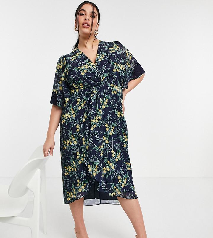 Hope & Ivy Plus Kimono Knot Front Midi Dress In Navy Floral