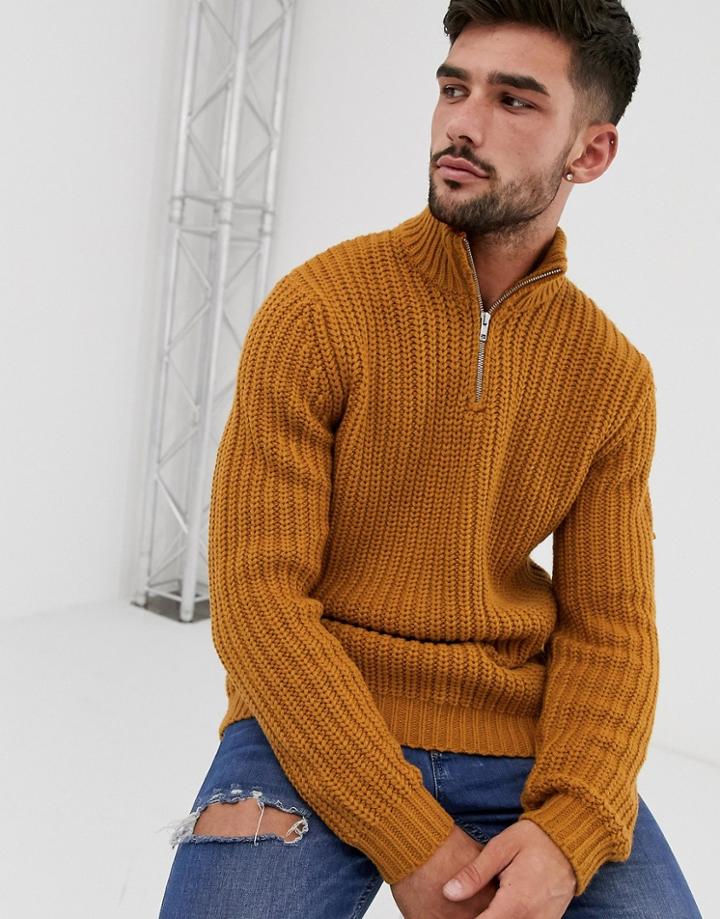 Asos Design Heavyweight Fisherman Rib Half Zip Sweater In Mustard