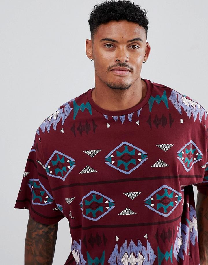 Asos Design Oversized T-shirt With All Over Aztec Print - Red