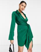 Asos Design Drape Shirt Mini Dress In Satin-green