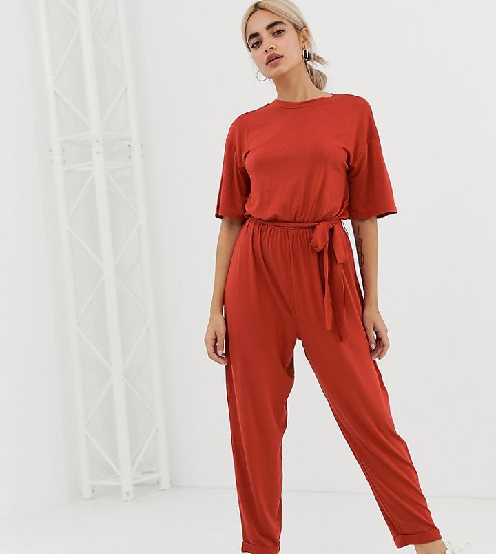 Asos Design Petite T-shirt Jumpsuit With Tie Waist - Orange