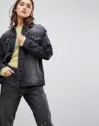 Chorus Pearl Embellished Oversized Denim Jacket - Black