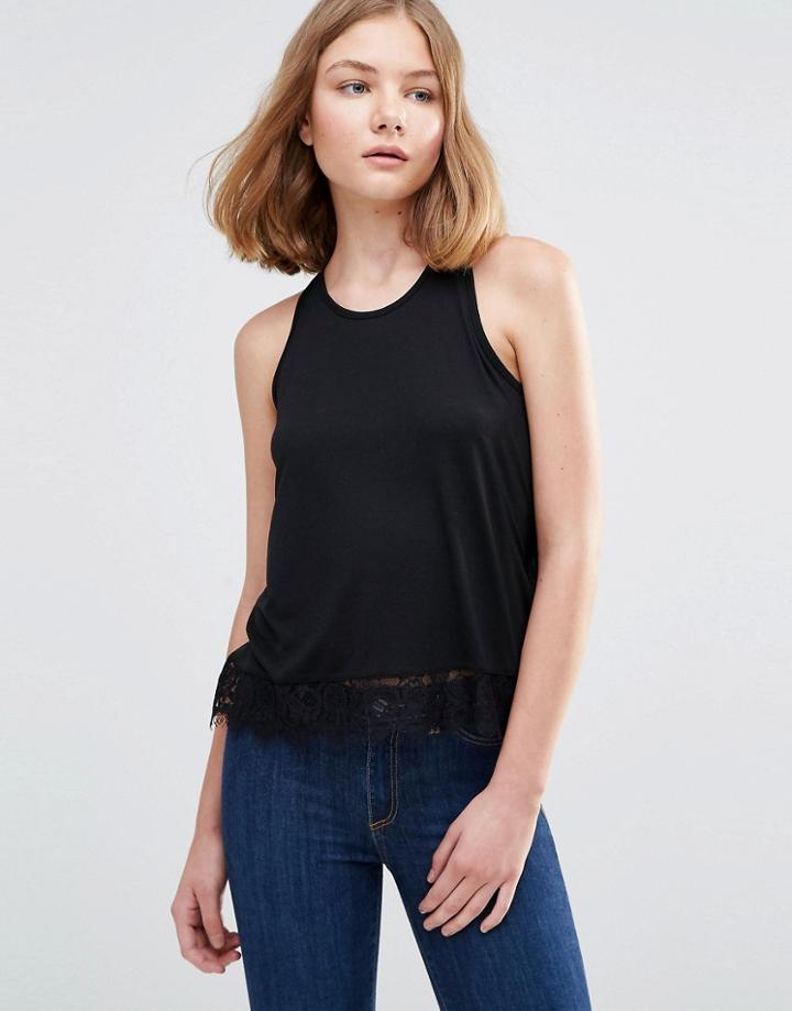 Jdy Kimmie Sleeveless Tank With Lace Trim Black - Black