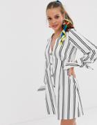 Asos Design Button Through Mini Skater Dress With Tie Sleeves In Stripe - Multi