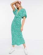 Asos Design Tie Front Midi Tea Dress In Green Based Floral Print-multi