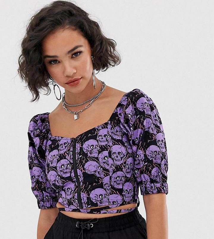 Collusion Zip Through Puff Sleeve Blouse In Skull Print - Multi