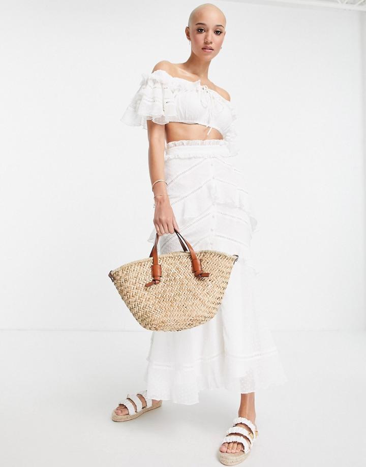 Asos Design Textured Chiffon Midaxi Skirt With Ruffle Detail And Lace Trim In White - Part Of A Set