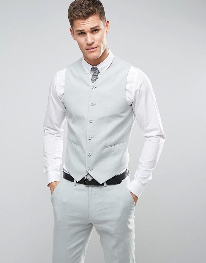 Asos Wedding Skinny Suit Vest In Sage Green Stretch Linen Cotton - Green