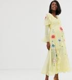 Asos Design Maternity Embroidered Wrap Maxi Dress-yellow