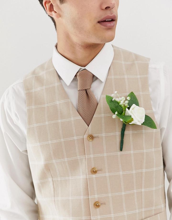 Asos Design Skinny Suit Vest In Camel Linen Windowpane Check - Beige
