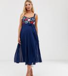 Asos Design Maternity Embroidered Pleated Cami Midi Dress-navy