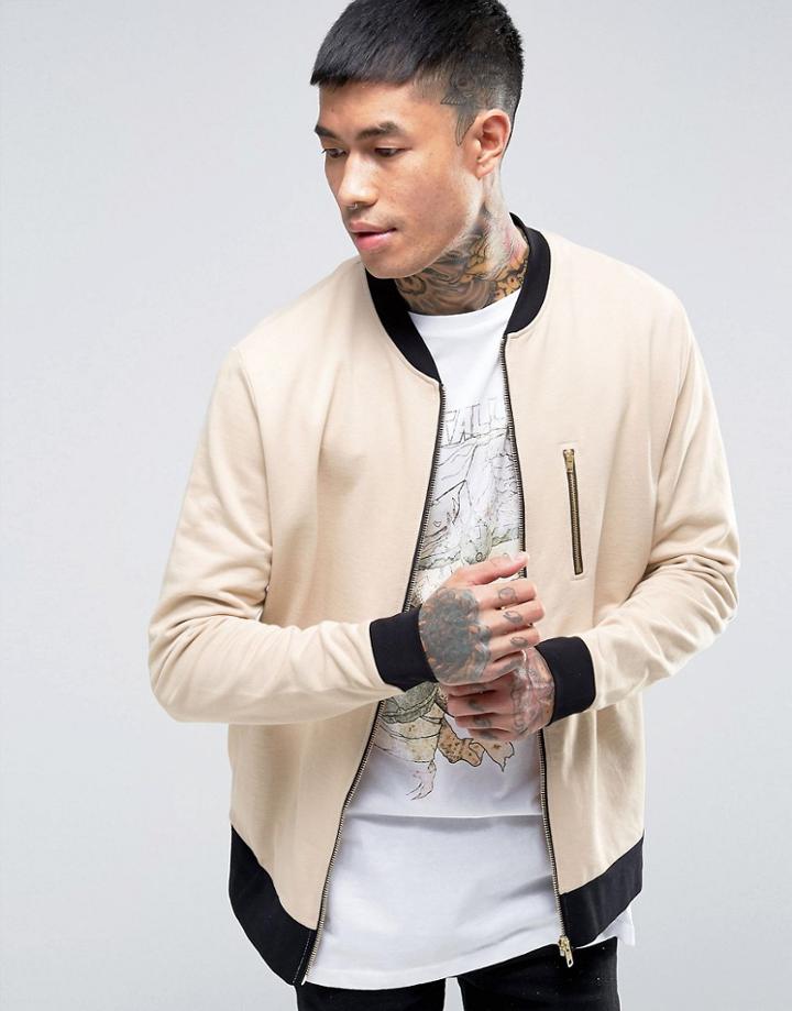 Asos Jersey Bomber Jacket With Zip Pocket & Contrast Ribs - Beige