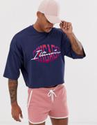 Asos Design Oversized Cropped T-shirt With City Embroidery In Pique-navy