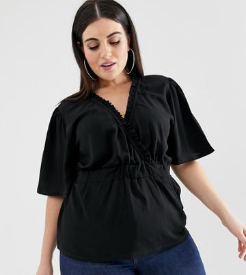 Prettylittlething Plus Frill Wrap Peplum Top In Black - Black