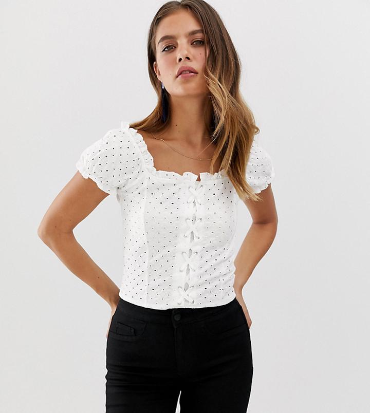 New Look Broderie Lattice Front Top In White
