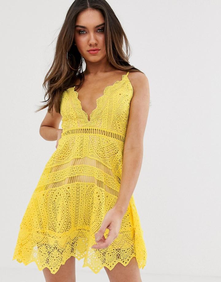 Love Triangle Cami Strap Plunge Front Lace Dress With Hanky Hem In Lemon-yellow