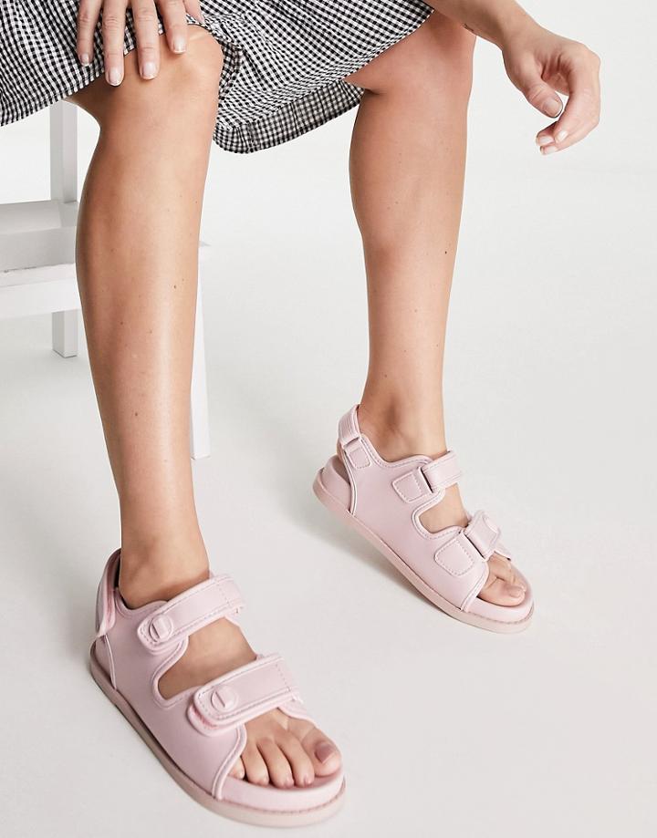 Public Desire Destination Double Strap Front Flat Sandal In Pink Pu