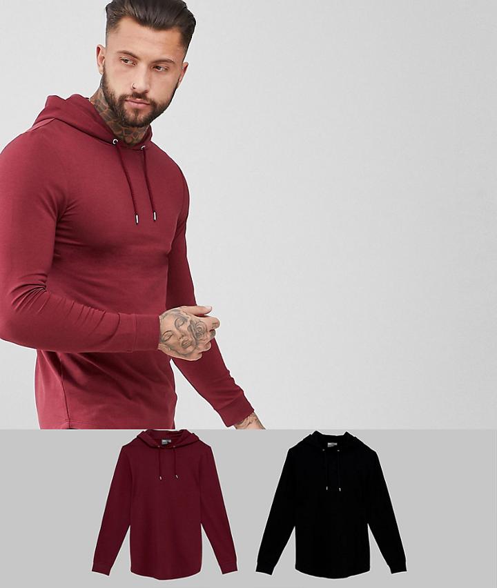 Asos Longline Muscle Fit Hoodie Multipack With Curved Hem In Black/burgundy Save - Multi