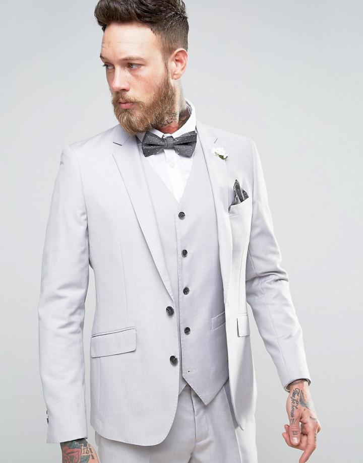 Devils Advocate Wedding Skinny Fit Pale Gray Suit Jacket With Floral Lapel Pin - Gray
